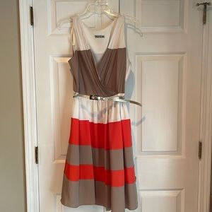 Eliza J,12, striped, belted dress. Orange taupe and cream!